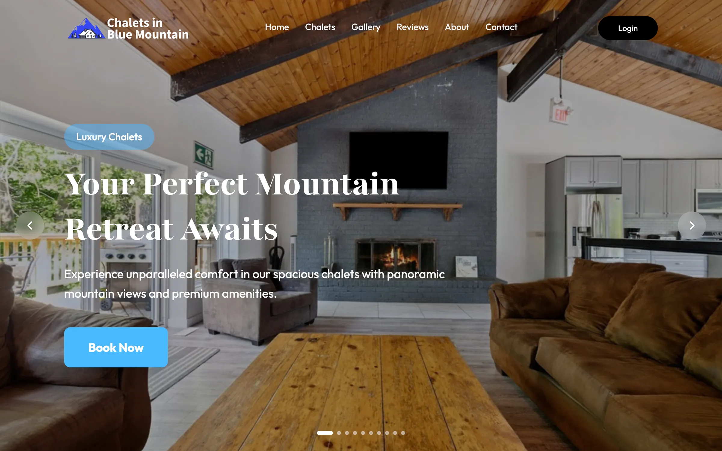 The home page hero, with the Chalets in Blue Mountain logo and navigation, a "Luxury Chalets" tag, the headline "Your Perfect Mountain Retreat Awaits" over a photo of a chalet living room with a lit fireplace, and a Book Now button.