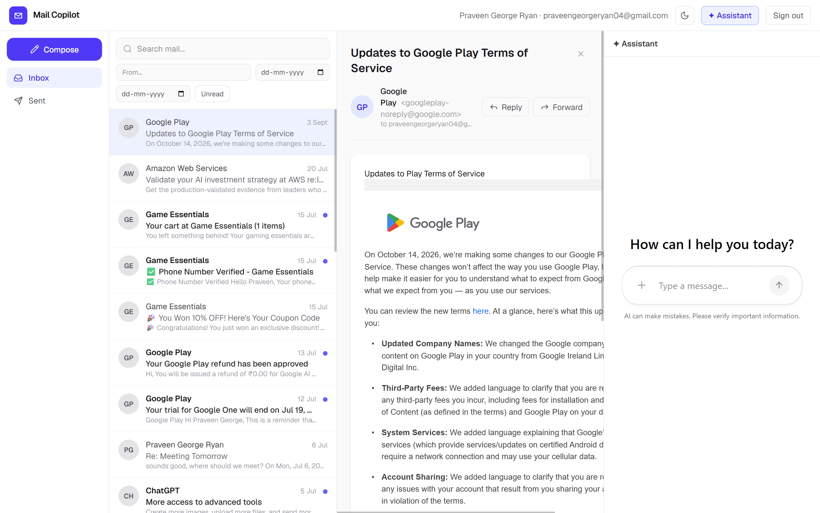 The inbox with search, sender, date and Unread filters, a Google Play email open in the reading pane with Reply and Forward, and the Assistant panel beside it asking "How can I help you today?"