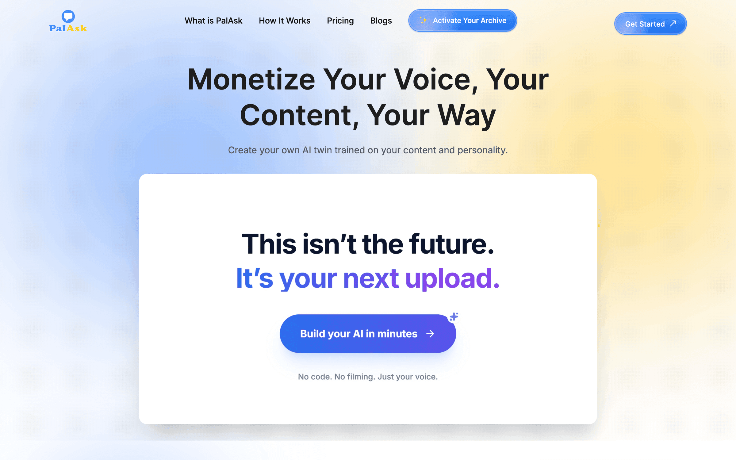 The PalAsk landing page: creators build an AI twin trained on their own content.
